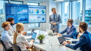 Market research professionals analyzing data on monitors during new product development